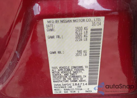 2015 Nissan Altima 2.5 S z USA, uszkodzony, nr VIN 1N4AL3AP5FC184714